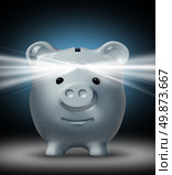Investment vision and the power of Savings with a cracked open white piggy bank shinning a bright light as a financial symbol of wisdom in managing money saved. Стоковое фото, агентство Ingram Publishing / Фотобанк Лори