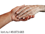 Senior Care with the hand of a young person holding and helping an old and elderly retired patient needing in home medical help due to aging and memory loss on a white background. Стоковое фото, агентство Ingram Publishing / Фотобанк Лори