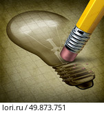 Lost creativity and running out of inspiration for new ideas as writer’s block with an image of a light bulb being removed by a pencel eraser on an old grunge parchment document as a concept of losing imagination. Стоковое фото, агентство Ingram Publishing / Фотобанк Лори