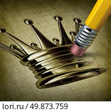 Failed leader and the stress of lost leadership position due to a lack of business strategy and failure to innovate and compete with an image of a metal crown being erased by a pencil on a grunge texture. Стоковое фото, агентство Ingram Publishing / Фотобанк Лори