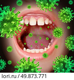 Contagious disease transmiting a virus infection with an open human mouth spreading dangerous infectious germs and bacteria while coughing during a cold or flu symptoms. Стоковое фото, агентство Ingram Publishing / Фотобанк Лори