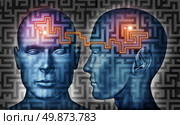 Communication solutions and mind control with a group of communicating human heads on a labyrinth or maze pattern with a laser light connecticn the thinking network of two brains. Стоковое фото, агентство Ingram Publishing / Фотобанк Лори