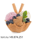Ice cream scoops in wafer bowl on white background. Стоковое фото, агентство Ingram Publishing / Фотобанк Лори