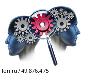 Team Solution and business partners success by cooperating as a financial unit coming together to create  industry innovation with two people and a group of gears and cogs and a magnifying glass focused on a red one. Стоковое фото, агентство Ingram Publishing / Фотобанк Лори