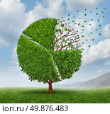 Losing market share pie chart as a growing green tree with leaves flying and falling off as a business concept of competition loss as a financial graph chart symbol of economic challenges. Стоковое фото, агентство Ingram Publishing / Фотобанк Лори