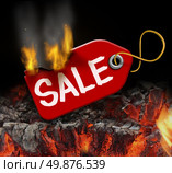 Hot sale and liquidation savings concept with a red price tag on fire over burning coals as a consumer symbol of marketing and advertising bargain prices and good value. Стоковое фото, агентство Ingram Publishing / Фотобанк Лори