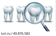 Best dental care concept as a group of teeth with one molar tooth in a magnifying glass as a patient choice for choosing a dentist and dentistry clinic or oral surgeon on a white background. Стоковое фото, агентство Ingram Publishing / Фотобанк Лори