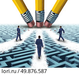 Team solutions with a group of business people walking over a clear path on a confusing maze or labyrinth that has been cleared by three pencil erasers as a teamwork business concept. Стоковое фото, агентство Ingram Publishing / Фотобанк Лори