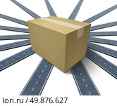 Shipping everywhere and anywhere transportation concept as a three dimensional cardboard package sitting on top of a group of roads and highways going in all directions on a white background. Стоковое фото, агентство Ingram Publishing / Фотобанк Лори