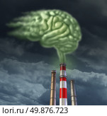 Pollution solutions with a group of refinery smoke stacks releasing toxic green fumes in the shape of a human brain as a health care concept for environmental contamination and air quality control. Стоковое фото, агентство Ingram Publishing / Фотобанк Лори