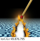 Creating new opportunities with innovative solutions and trail blazing or trailblazing business concept with a lit wooden match opening a clear road through a maze or labyrinth by burning path as a symbol of creative thinking. Стоковое фото, агентство Ingram Publishing / Фотобанк Лори