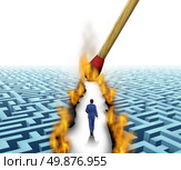 Leader Solutions with a businessman walking through a complicated maze opened up by flames and fire lit by a match as a business concept of innovative thinking for financial success. Стоковое фото, агентство Ingram Publishing / Фотобанк Лори