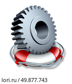 Business insurance concept and company owner protection as a gear or cog wheel in a lifesaver or life belt as a lifeline symbol of financial risk  and security from hazards like flooding fire and burglary. Стоковое фото, агентство Ingram Publishing / Фотобанк Лори