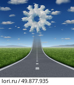 Business aspirations success concept with a road or highway going forward fading into the sky with a group of clouds shaped as a gear or cog wheel as an industry symbol of working freedom and innovation. Стоковое фото, агентство Ingram Publishing / Фотобанк Лори