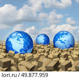 Global cargo and Shipping business concept as a worldwide trade and delivery transport courier service with a group of spheres representing the world  markets floating or drowning in a sea and ocean of cardboard boxes. Стоковое фото, агентство Ingram Publishing / Фотобанк Лори