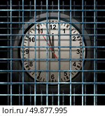 Locked schedule business concept and doing time behind bars with a time clock confined away in prison as a symbol of schedule management and locking in dates for special events during the months or years. Стоковое фото, агентство Ingram Publishing / Фотобанк Лори