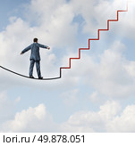 Risk solutions and adapting to change as a business idea with a businessman walking on a dangerous high wire tightrope that transforms into a red staircase leading to a clear path to future opportunity and success. Стоковое фото, агентство Ingram Publishing / Фотобанк Лори