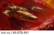 A painting depicting two ships navigating through a rocky area, showcasing the intensity and challenge of maritime travel in hazardous conditions. Стоковое AI-изображение, AI-художник Данила Большаков / Фотобанк Лори