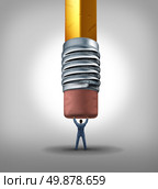 Job security and business employment issues as a businessman holding up and stopping a giant pencil eraser from eliminating his working career as a symbol of blocking  company work termination or losing a contract. Стоковое фото, агентство Ingram Publishing / Фотобанк Лори