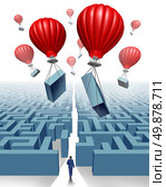 Removing the obstacle business concept of freedom and thinking outside the box as a metaphor for management leadership and  innovative solutions with a group of red air balloons lifting parts of a maze or labyrinth to overcome adversity and open a path for a businessman. Стоковое фото, агентство Ingram Publishing / Фотобанк Лори