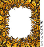 Butterfly border blank frame with flying group of Monarch butterflies working together forming a framed shape with a white background center for copy space as a concept for nature freedom and environmental conservation. Стоковое фото, агентство Ingram Publishing / Фотобанк Лори