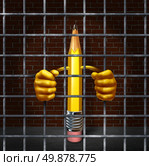 Creative block creativity concept with a pencil character in a prison jail cell holding metal cage bars as a symbol of being stuck and lacking freedom of expression as a business symbol or icon for juvenile delinquent.

. Стоковое фото, агентство Ingram Publishing / Фотобанк Лори