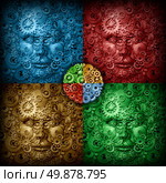 Working business team coming together as a strong connected network as a concept and metaphor for organization partners in unity as a group of gears and cog wheels shaped as human heads in a blue red gold and green checkerboard design pattern. Стоковое фото, агентство Ingram Publishing / Фотобанк Лори