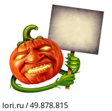Pumpkin head character with human expression and green plant hands holding an old  grunge blank banner sign as a jack o lantern Halloween message with a scary expression during autumn on a white background. Стоковое фото, агентство Ingram Publishing / Фотобанк Лори