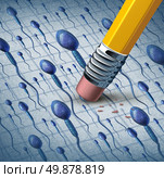 Male fertility risks medical concept with a group of human sperm cells with a close up of microscopic spermatozoa cells swimming and a yellow pencil eraser removing cells as a symbol of infertility. Стоковое фото, агентство Ingram Publishing / Фотобанк Лори