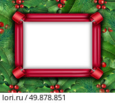 Winter holiday frame with a red ribbon and Christmas holly with with red berries and green leaves with evergreen pine needles on a blank white background for copy space as a festive new year and seasonal decoration. Стоковое фото, агентство Ingram Publishing / Фотобанк Лори