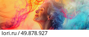 A painting depicting a woman with vibrant blue hair, gazing directly at the viewer. Стоковое AI-изображение, AI-художник Данила Большаков / Фотобанк Лори