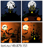 Set of Halloween Greeting Cards. Elegant Design With Pumpkin, Moon, Tree, Grave, Castle, and Cats Over Grunge Dark Sky Background. Vector illustration. Стоковая иллюстрация, агентство Ingram Publishing / Фотобанк Лори