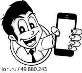 cartoon guy holding phone. cartoon guy holding phone character vector illustration. Стоковая иллюстрация, агентство Ingram Publishing / Фотобанк Лори