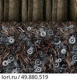Underground economy and black market business concept as a forest of trees as a hidden root system under the ground as gears and cog wheels connected together in a secret financial industry network. Стоковое фото, агентство Ingram Publishing / Фотобанк Лори