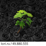 Environment and business concept with a background made of industrial gears and cog wheels and a determined green sapling tree emerging out of the heavy steal machine as a metaphor for environmental responsability and nature conservation. Стоковое фото, агентство Ingram Publishing / Фотобанк Лори