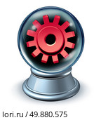 Business predictions and financial forecast concept as a crystal ball revealing the future economy with a visualize metaphor using a red cog or gear as a symbol of investment insight on a white background. Стоковое фото, агентство Ingram Publishing / Фотобанк Лори