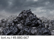 Garage dump concept with mountains of black waste bags of trash with an unpleasant smell  in an infinite landfill heap landscape as a background of environmental damage issues on a foggy  dark cloudy scene. Стоковое фото, агентство Ingram Publishing / Фотобанк Лори