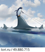 Fear Management and taking control of anxiety by overcoming limitations and controling your destiny as a brave penguin on a dangerous shark fin guiding the predator with a harness as a metaphor for confidence and leadership. Стоковое фото, агентство Ingram Publishing / Фотобанк Лори