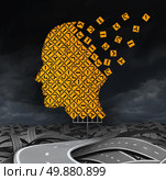 losing guidance brain disease with memory loss due to Dementia and Alzheimer’s illness as a medical icon with a group of road signs shaped as a human head and neurology loss as a concept of being lost on a journey. Стоковое фото, агентство Ingram Publishing / Фотобанк Лори
