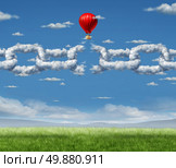 New Markets Breakthrough business concept  as a group of clouds shaped as a linked chain being broken throgh by a businessman in a hot air balloon as a success metaphor for freedom from the shackles of repression and dirty air. Стоковое фото, агентство Ingram Publishing / Фотобанк Лори