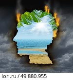 Human escape emotions and feelings concept with a dark grey storm sky burning a hole shaped as a head revealing a beautiful tropical landscape as a metaphor for brain relaxation to overcome depression stress and anxiety. Стоковое фото, агентство Ingram Publishing / Фотобанк Лори
