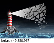 Management crisis business concept as a lighthouse with a light beam cracking and breaking apart as a metaphor fo guidance stress and direction confusion or communication problems. Стоковое фото, агентство Ingram Publishing / Фотобанк Лори