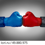 Merge powers business concept as two boxing gloves sewed and stitched together with thread as a metaphor for competitors joining forces for a united fight to win market share and financial dominance working together. Стоковое фото, агентство Ingram Publishing / Фотобанк Лори