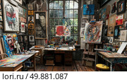 A room overflowing with various art pieces and paintings displayed on walls and easels, creating a vibrant and stimulating atmosphere. Стоковое AI-изображение, AI-художник Данила Большаков / Фотобанк Лори