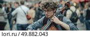 A man skillfully plays a cello amidst a busy street filled with pedestrians. His music fills the air as people pass by. Стоковое AI-изображение, AI-художник Данила Большаков / Фотобанк Лори