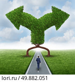 Growth direction choice business concept as a businessman walking on a road with two trees shaped as arrows pointing in different directions as a metaphor for a crossroad dilemma for a growing career or investment. Стоковое фото, агентство Ingram Publishing / Фотобанк Лори