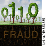 Fraud concept and internet scam symbol as a group of trees shaped as digital binary caode with roots underground shaped as a word representing growing hidden illegal  technology crime. Стоковое фото, агентство Ingram Publishing / Фотобанк Лори