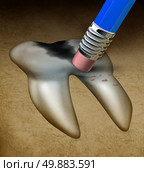 Tooth repair dental health medical concept with a large cavity being erased by a pencil eraser as a metaphor for dentist services to fix damaged  teeth problems. Стоковое фото, агентство Ingram Publishing / Фотобанк Лори