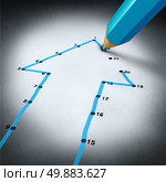 Success strategy and step by step business planning as a blue pencil drawing connection lines to connect the dots on a puzzle shaped as an arrow going up as a financial metaphor for a successful planned personal project. Стоковое фото, агентство Ingram Publishing / Фотобанк Лори