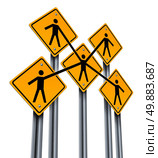 Business partners and teamwork concept as a group of traffic signs with people holding hands in agreement connected together as a company organization for team and community success isolated on a white background. Стоковое фото, агентство Ingram Publishing / Фотобанк Лори